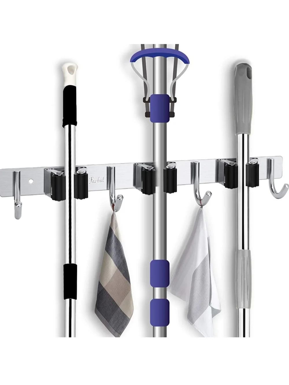 Stainless Steel 4-Broom Holder Wall Rack with Black Rubber Grips